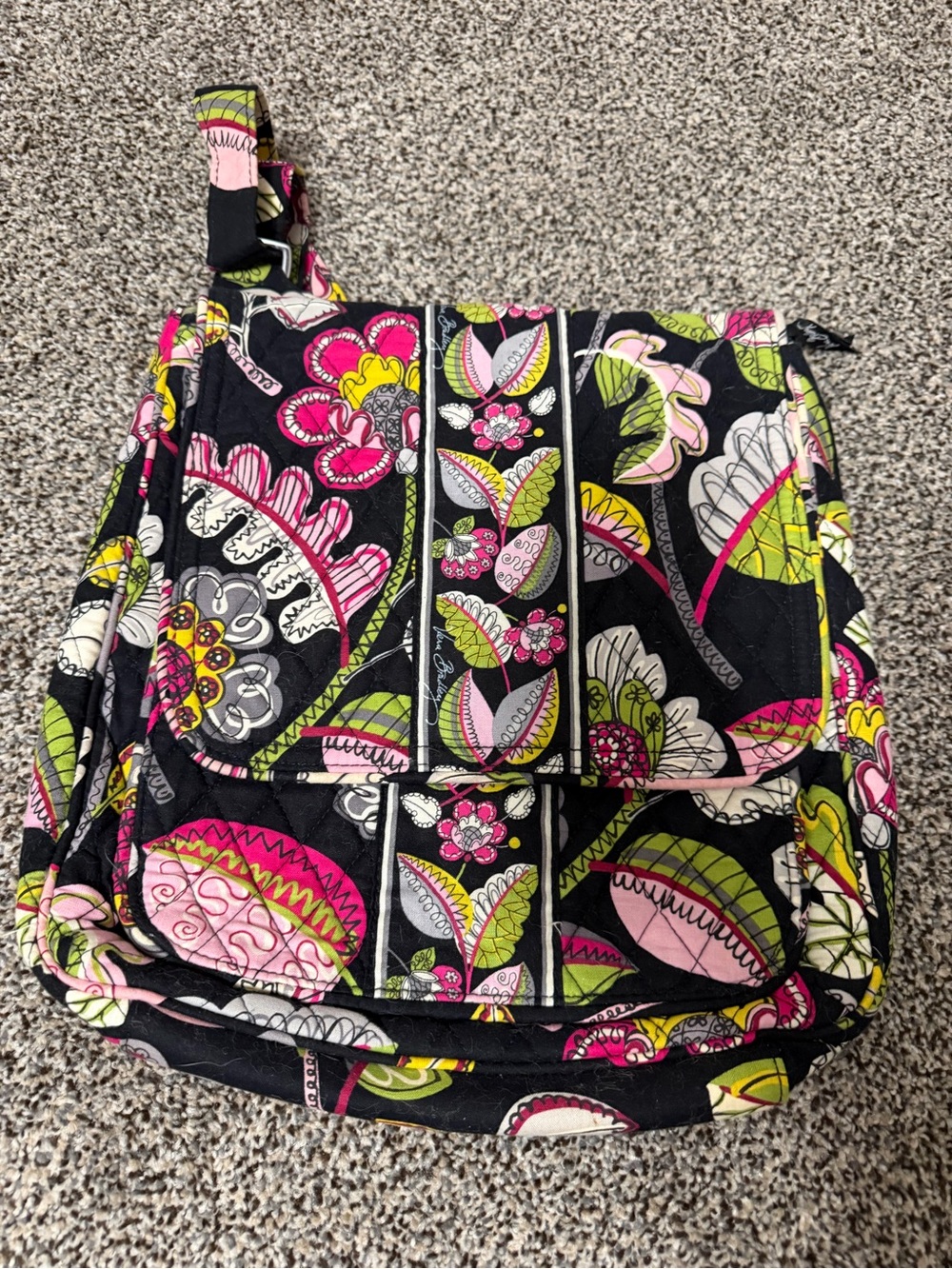 Vera Bradley Black Floral Quilted Backpack with Pink & Lime Accents